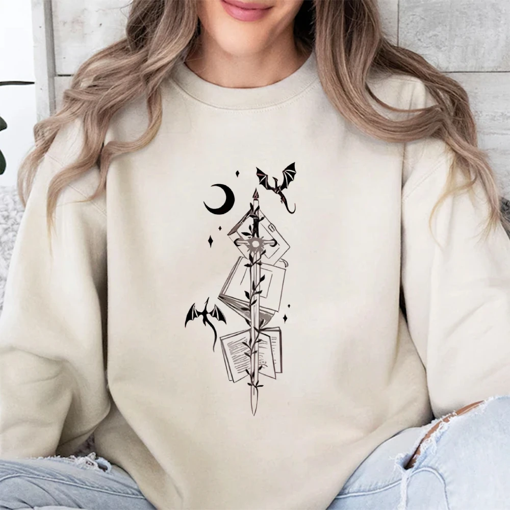 Gothic Glam Book Bat Moon Graphic Women’s Halloween Autumn Winter Sweatshirt Trendy Spooky Season Long Sleeve Lady Tops