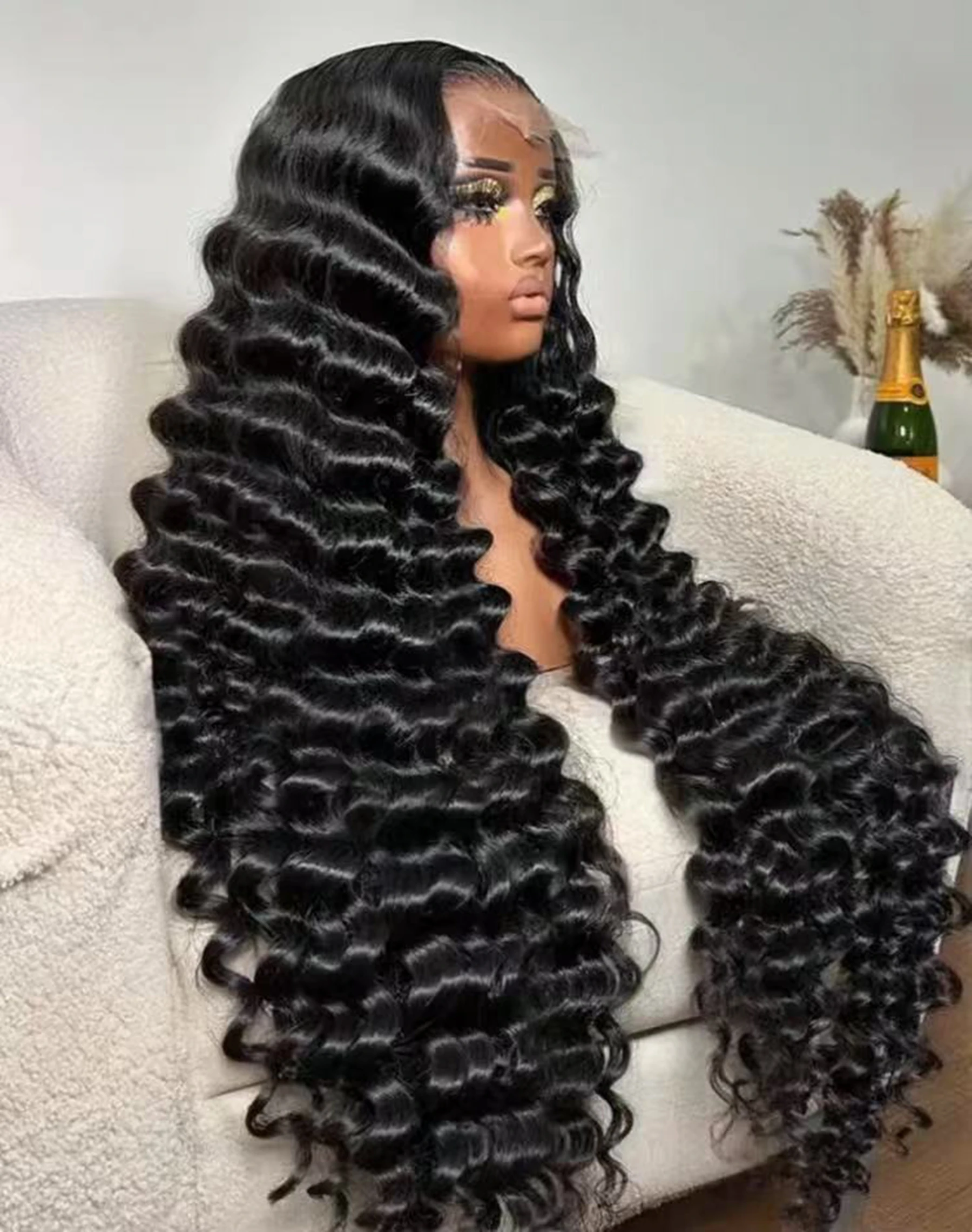 

13X4X1 HD Lace Front Wig Synthetic Loose Deep Wave Prepluck Hairline Glueless Wigs Black Color Daily Party Wedding Soft Hair