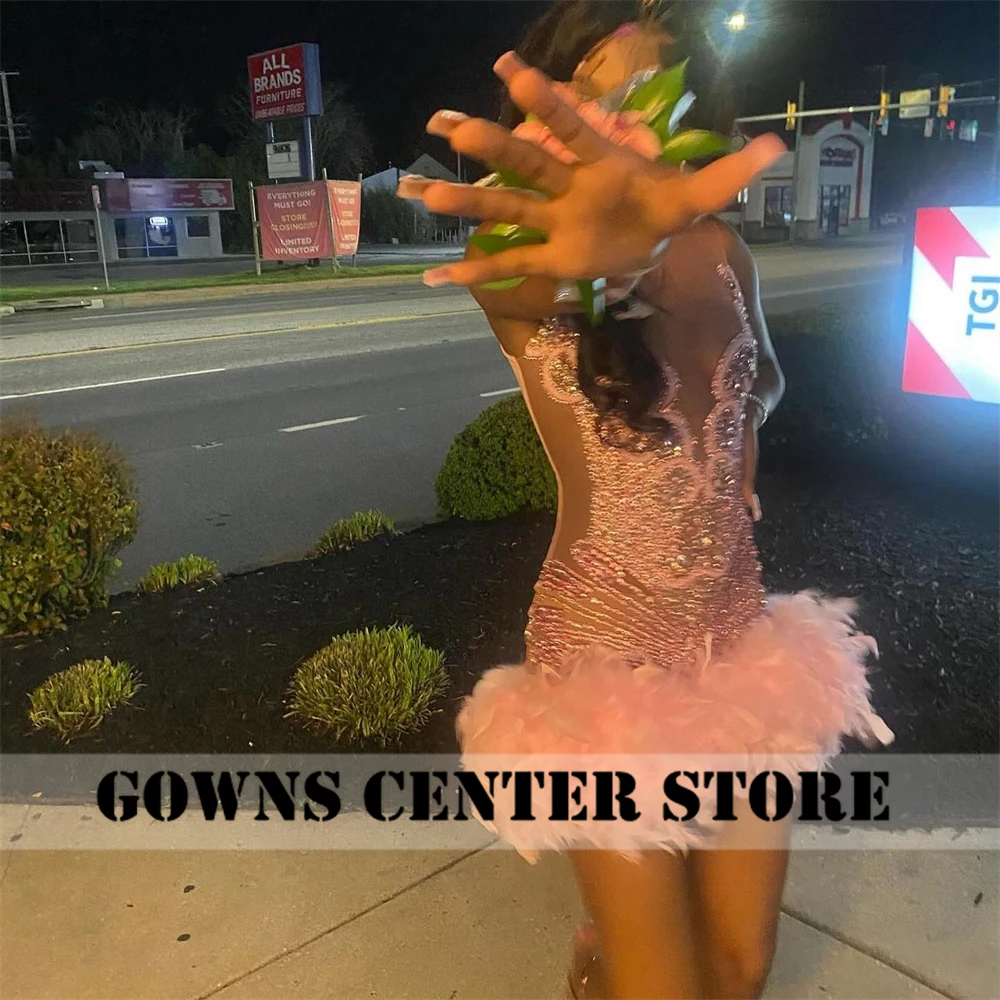 Baby Pink Feather African Rhinestone Prom Dress 2024 Aso Ebi Black Girl Cute Wedding Dress Birthday Party Formal Gown Customized — zdjęcie 5