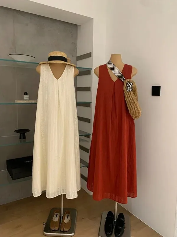

plus Size Women's V-Neck Sleeveless Vest Dress Lazy Style Knee-Length A-Line Long Skirt Summer Design Sense Casual Dress
