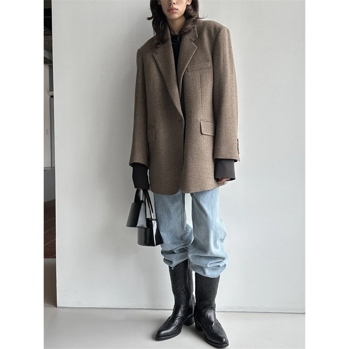 Ladies\' L0 * Loose Silhouette Wool Suit 2024 Autumn/winter New Herringbone Pattern Suit Jacket Coats