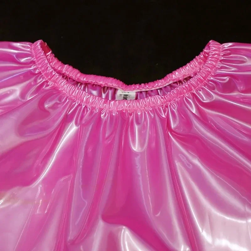 Man Sexy Pink PVC High Gloss Pullover Trousers Set Women Soft Long Sleeved Round Neck Shirt Lantern Pants ABDL Plastic Underwear