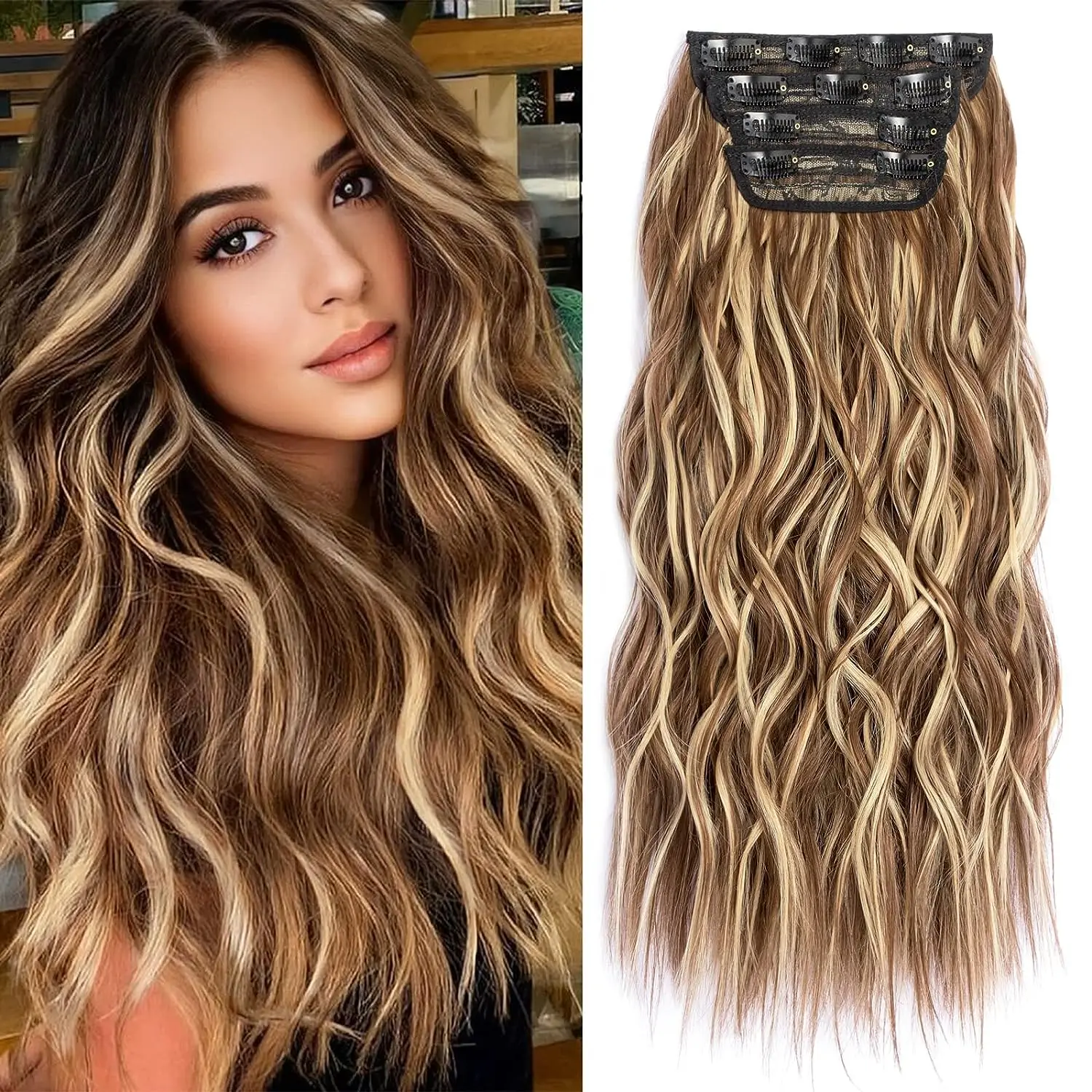 

4PCS Clip in Hair Extensions 20inch Thick Long Beach Waves hair extensions Invisible Lace Weft Natural Soft Hairpieces for Women