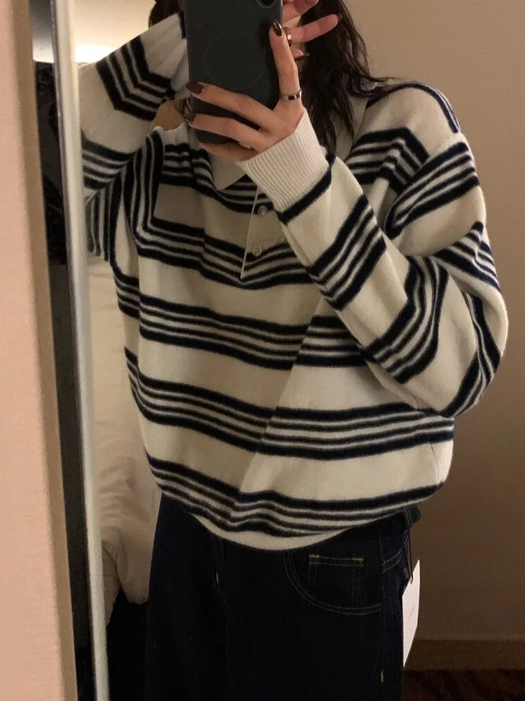 Dongda Gate 2025 Herbst Neue Casual Einfache Retro College Sle Gestreiften Ne Gestrickte Pullover frauen Faion Weiche Medium T...