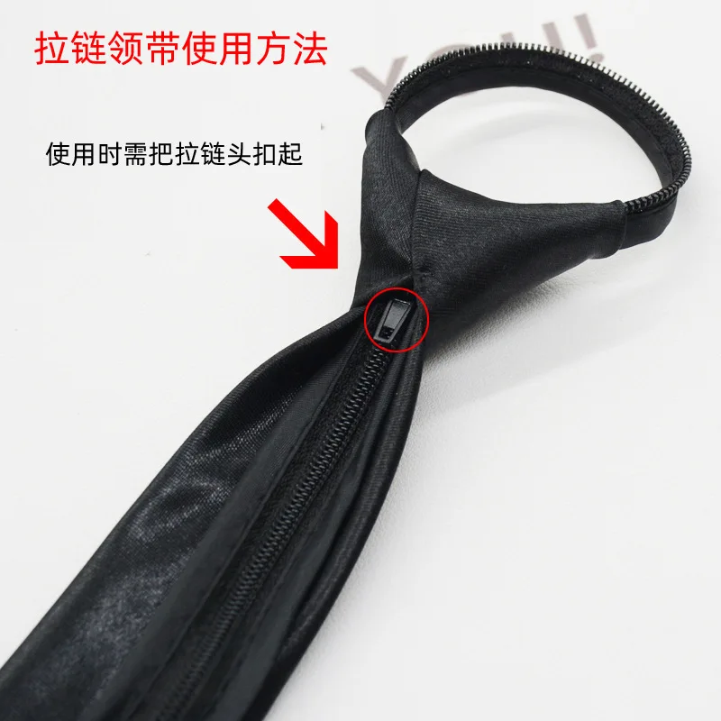 Tie men's zipper formal black glossy surface without knots lazy women's long and short narrow edition student casual pull up