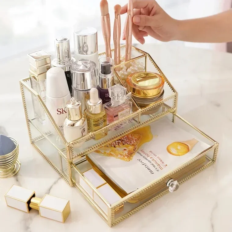 

Bathroom For Organizer Rack Storage Display Cotton Up Makeup Cosmetic Jewelry Perfume Box Tools Pads Glass Make Golden