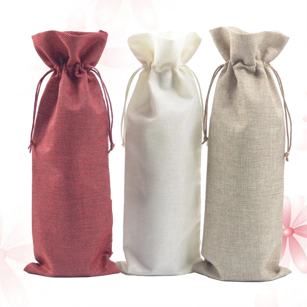 

3pcs Jute Linen Bottle Bags Weddings Holidays Party Bottle Covers Linen Gift Pouches Package Bags