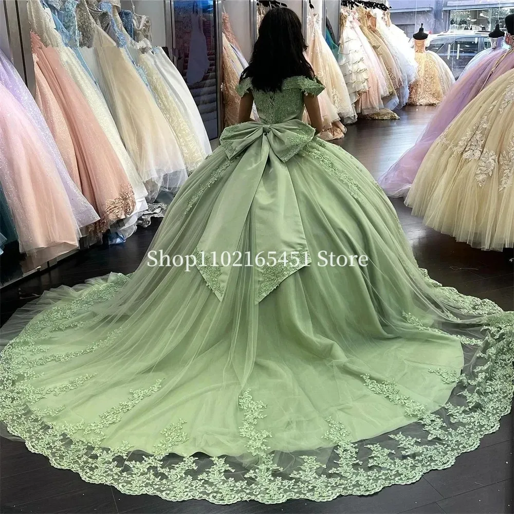 Sage Green Princess Quinceanera Dresses Lace-up Corset Applique 3D Big Bow Off Shoulder Sweet 16 Prom vestidos de 15 Customized