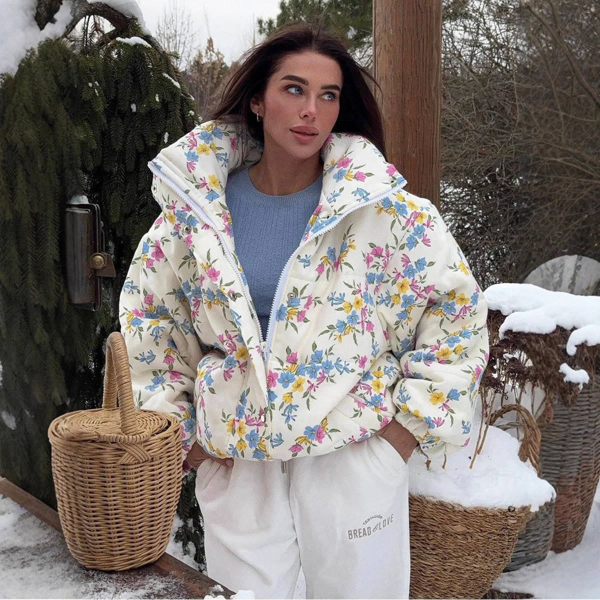 Women Winter Flower Print Coat Long Sleeve Stand Collar Thick Cotton Down Coat Women Tops Warm Jacket Coat Casaco Feminino