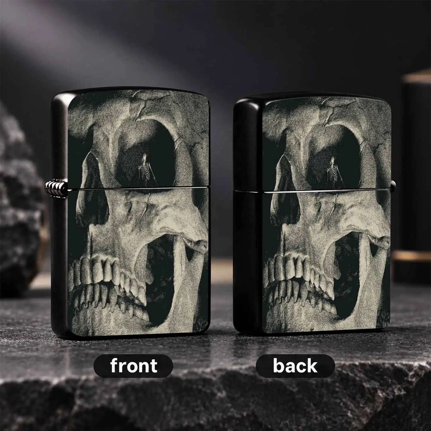 Vintage Dark Skull Etched Lighter, Matte Textured Artistic Casing, Skeleton With Staff Standing In Giant Skull Eye Socket, Unique Gothic Collectible, Windproof Durable Daily Carry Accessory, Exotic Men's Gift, Distinctive Desktop Decor Or