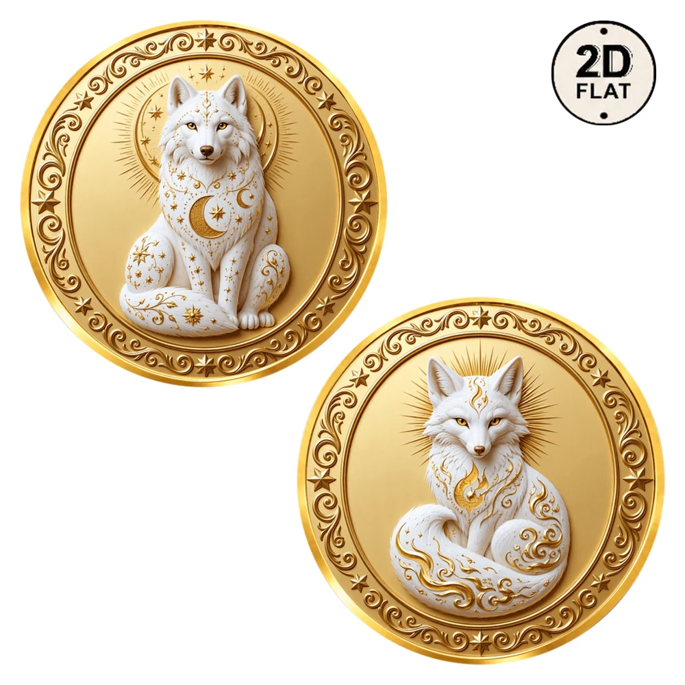 1pc Mystical White Fox Commemorative Coin 2D UV Print Fantasy Myth Animal Art Challenge Medal Keepsake Gifts for Mythic Lovers