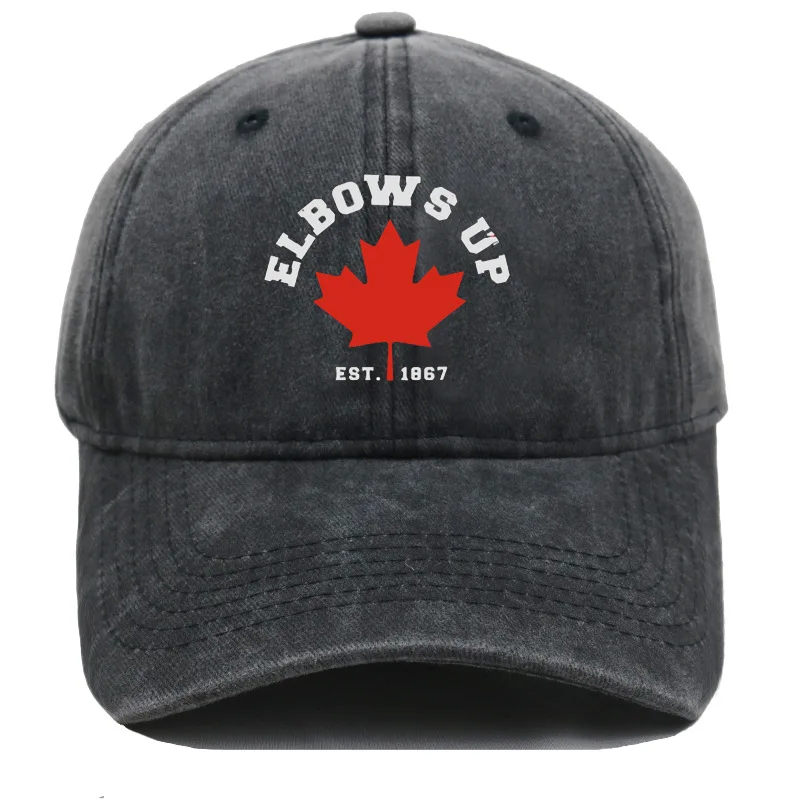 Vintage Washed Elbows Up EST1867 Maple Leaf Embroidery Baseball Cap Unisex Adjustable Curved Brim Dad Hat Casual Outdoor Sun Hat