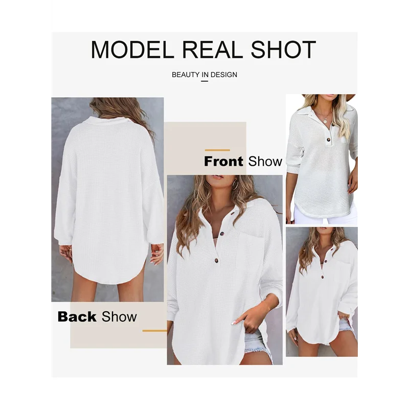 

ASDS-Women Waffle Knit Tops Henley Shirts Long Sleeve V Neck Solid Color Casual Tunic