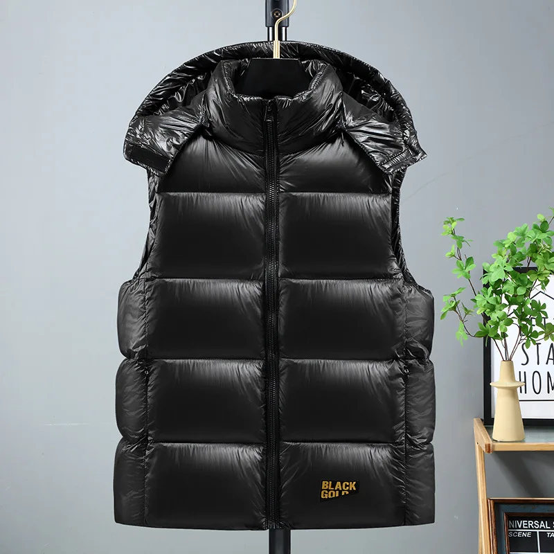 

2025 New Fashion Men's Sleeveless Stand Collar Hooded Basic Solid Color Down Quilted Vests Male Autumn Winter Clothes Coats Tops