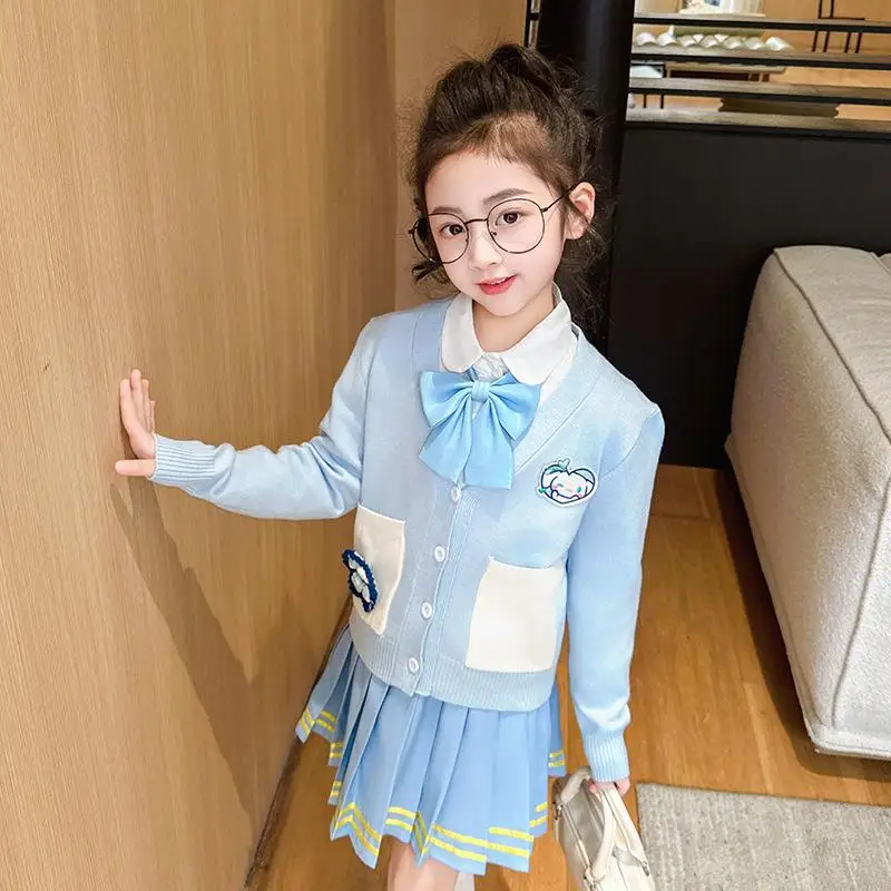 

New Sanrio Hello Kitty Cinnamoroll Girl Cardigan Bow Tie Pleated Skirt Suit Jk Skirt Kawaii Student Spring Short Skirt Cartoon