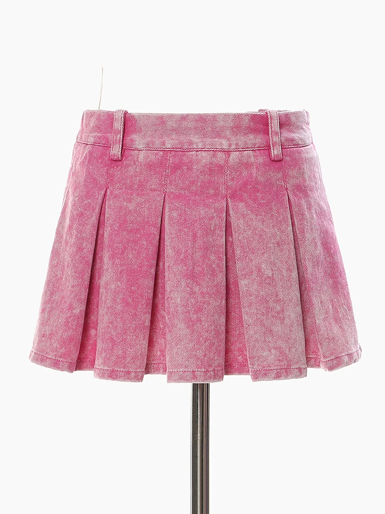 [EAM] High Waist Rose pink Color Denim Pleated Eleagnt Mini Half-body Skirt Women Fashion Tide New Spring summer 2024 17A8154