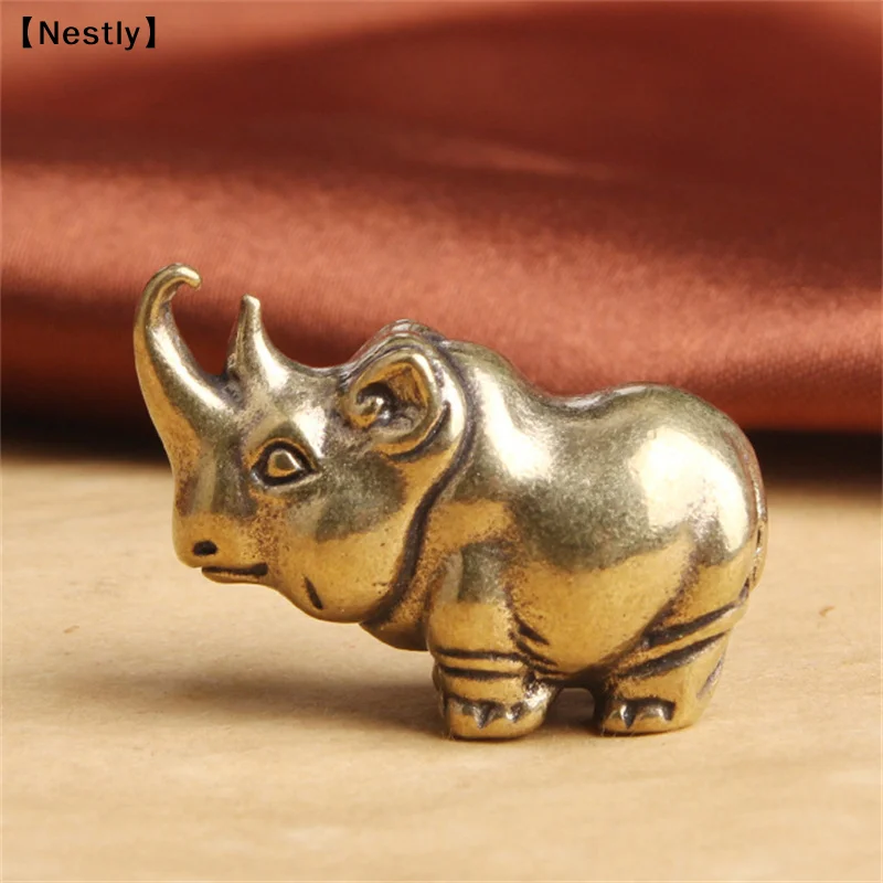 Antique Solid Brass Rhinoceros Figurine Desktop Decor Ornaments Tea Pet Animal Exquisite Statue DIY Accessories Gift〔Nest〕