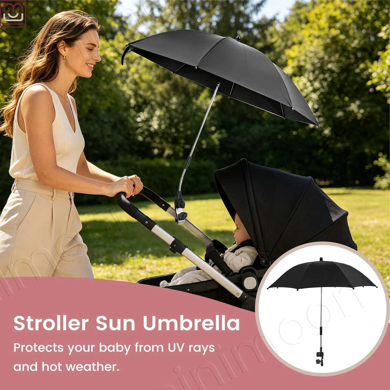 Clip-On Travel Umbrella for Strollers & Pet Chairs, Manual Open Portable External Sunshade