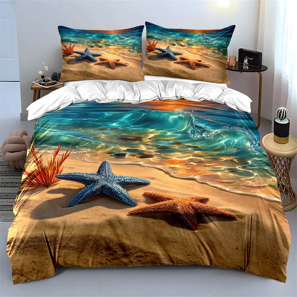 Beach Waves and Colorful Starfish Printed Duvet Cover Set 1 Duvet Cover+2 Pillowcase Multi Size Bedroom Bedding Decoration