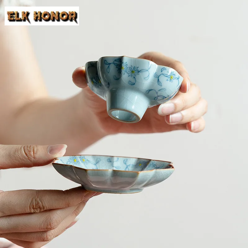 Hand-painted Floral Lotus Leaf Tea Funnel Pouring Into Pot Extractor Leakage Filter Throwing Tea Device Tea Set With Coaster