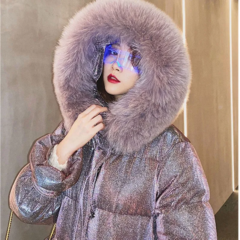 

Thicken Down Jacket Women 2022 Winter New Ladies Real Fox Fur Collar Hooded Loose White duck down Coats Femal Long Parkas Outwea