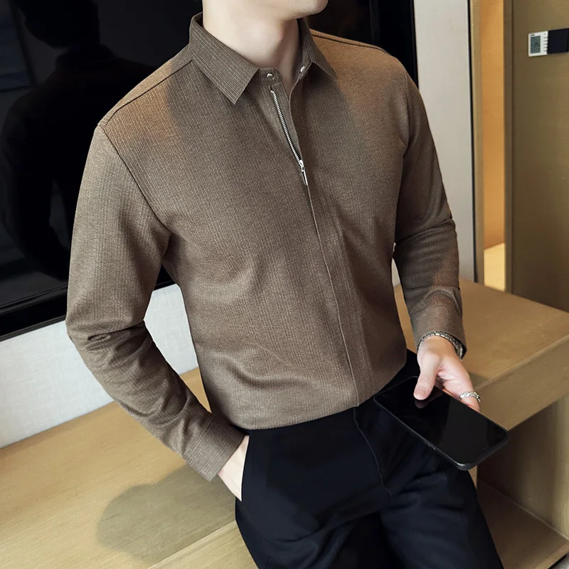 Autumn Winter New Thicken Woolen Shirt Fashion Zipper Design Seamless Striped Shirt Men Long Sleeve Slim Fit Social Party Tuxedo