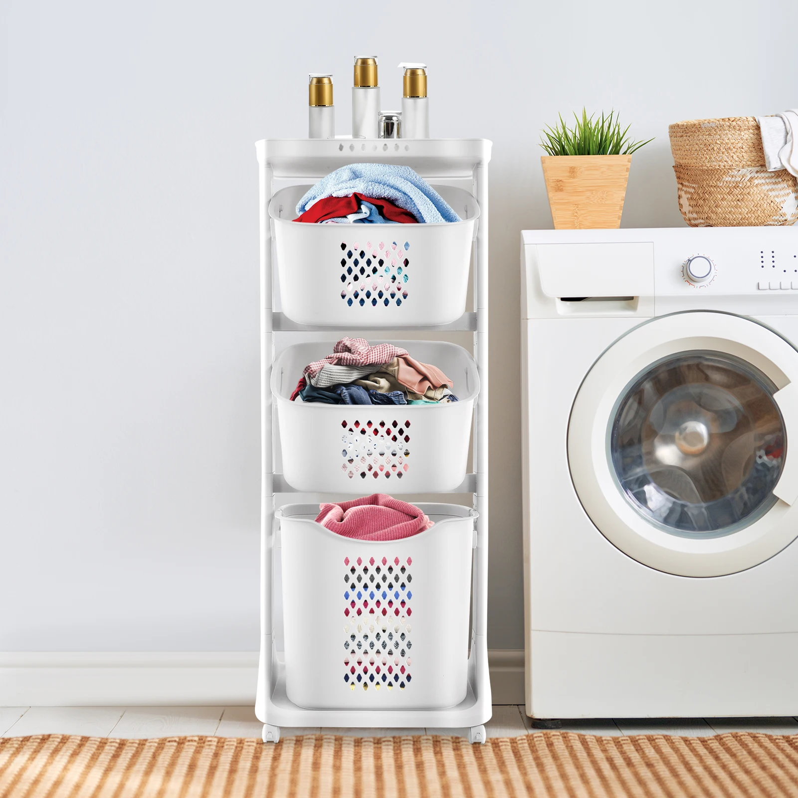 

3 Tier Laundry Basket with Wheels Dirty Clothes Organizer Large Capacity Slim White 16.9x12.9in for Bathroom Bedroom Laundry Room