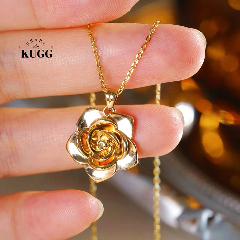 KUGG 100% 18K Yellow Gold Necklace Classic Design Romantic Flower Shape Party Necklace for Women High Engagement Jewelry