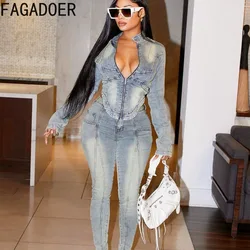 FAGADOER Sexy Denim 2 Piece Set Outfit Retro Y2k Streetwear Zip Stretchy Slim Jackets and Jeans Pant Sets Autumn New Clothing