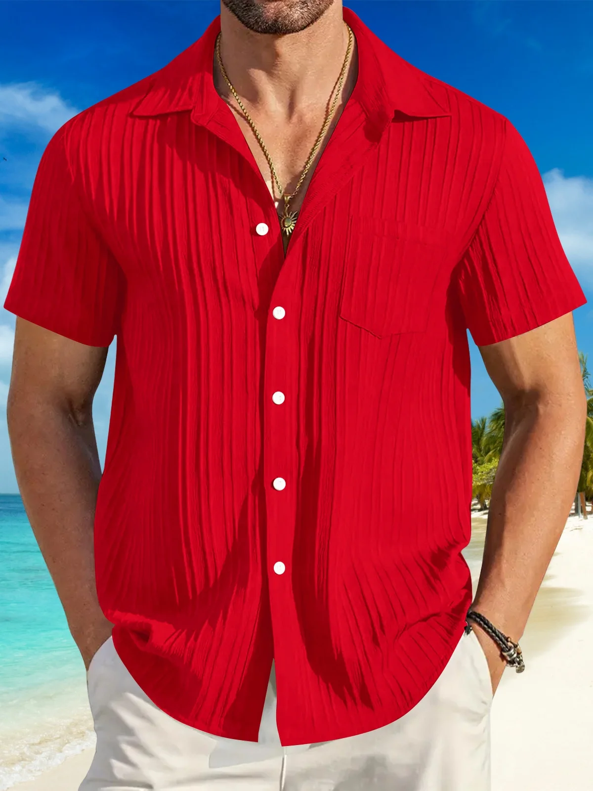 2024 Men's New Casual Fashion Striped Jacquard Pit Strip Lapel Chest Pocket Beach Outdoor Short-Sleeved Casual Shirt
