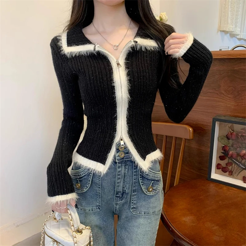 Christmas Red Knitted Cardigans Women New Turn-down Collar Double Zipper Slim Short Sweater Coat Fashion Hotgirl Female Tops