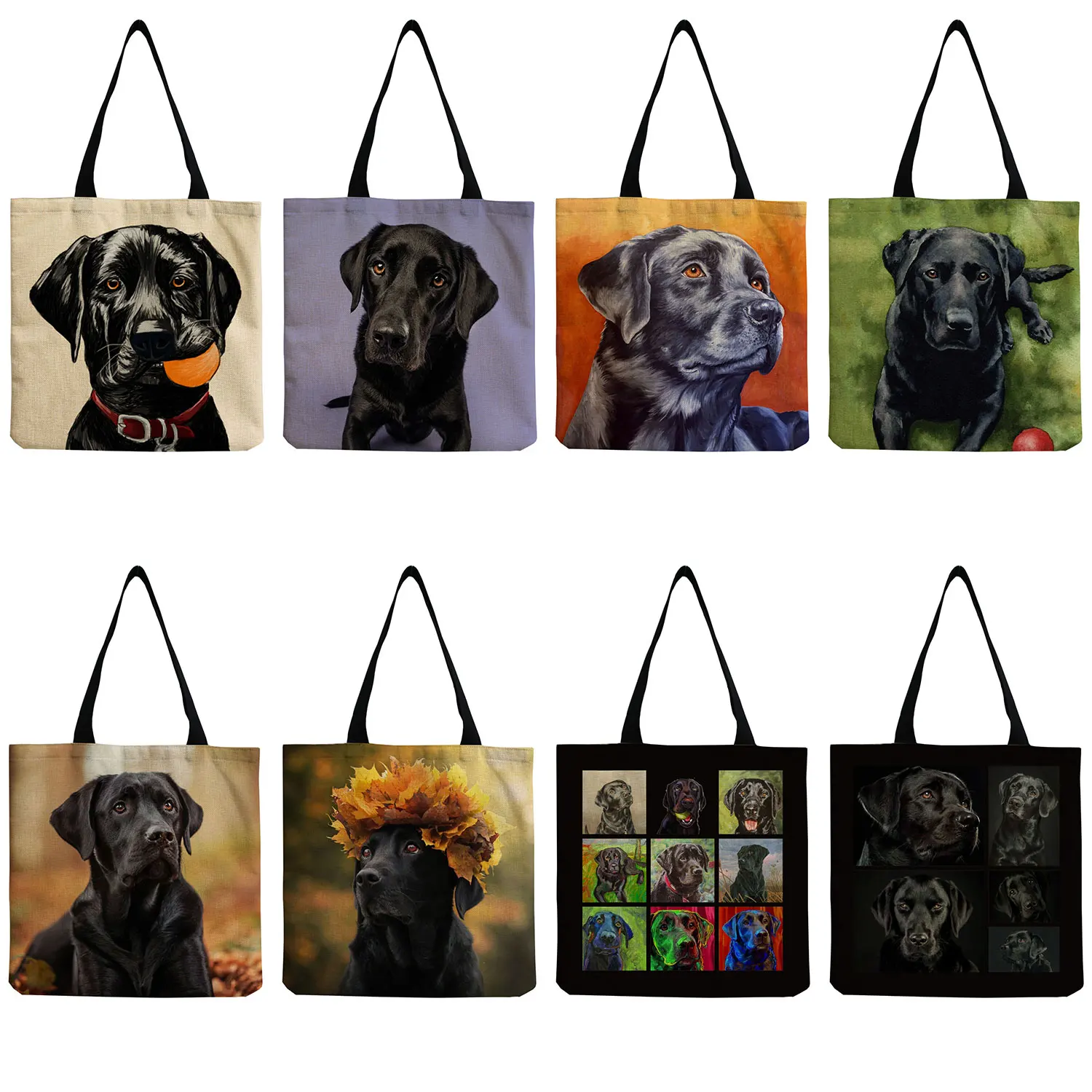 Foldable Travel High Capacity Eco Reusable Cool Style Black Labrador Tote Bags Animal Dog Printed Fashion Shoulder Bag Handbags