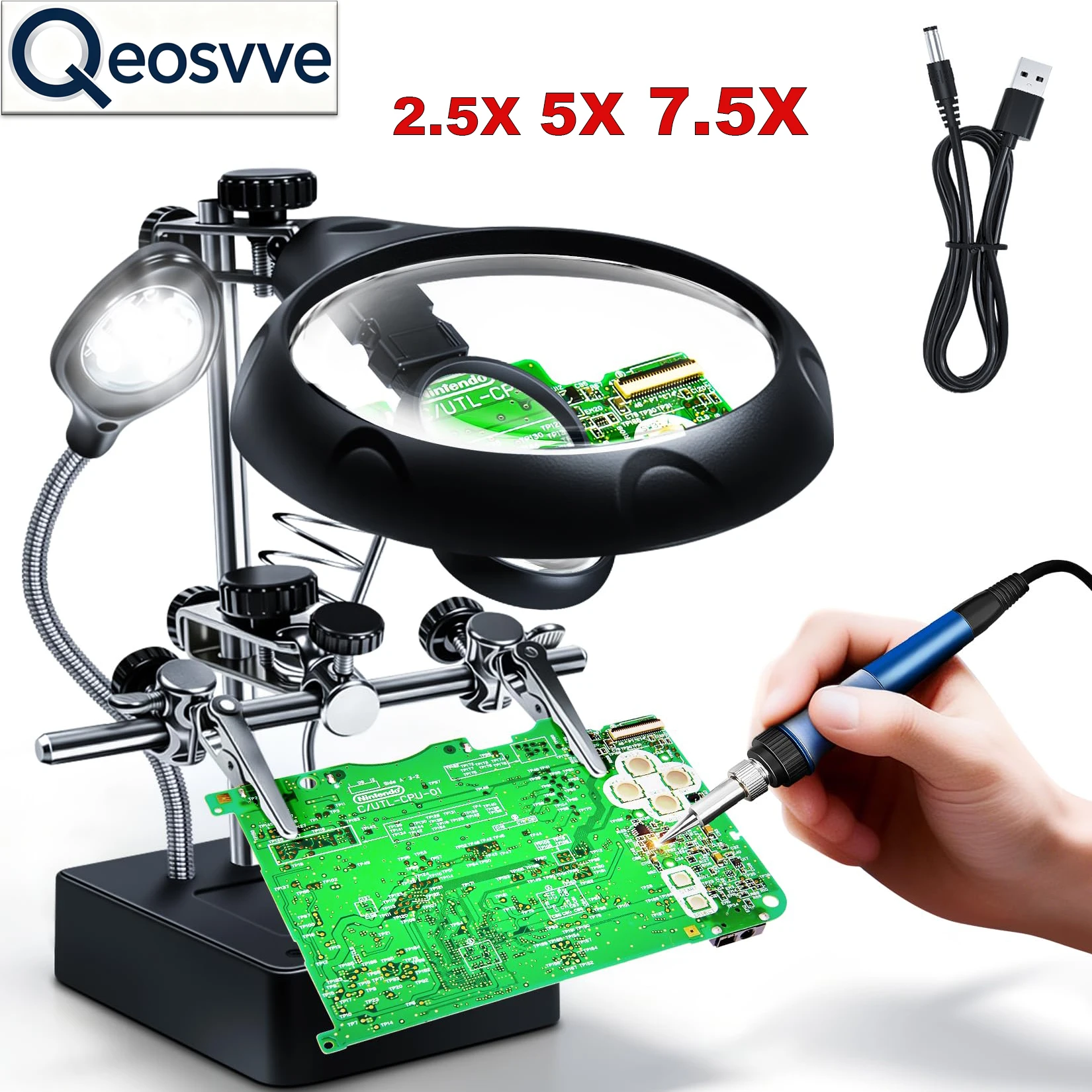2.5X 5X 7.5X Helping Hands Magnifier Soldering Magnifying Glass with Light and Station Stand Hands Free Magnifier for Soldering