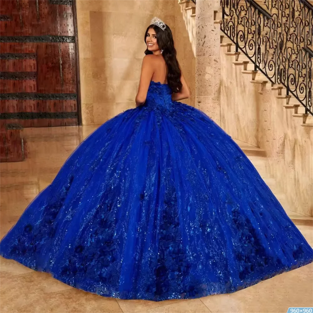 Custom Made Royal Blue Lady Dresses Sequined Handmade 2024  3D Flowers Sweet  Dress Ball Gown Lace Prom Evening Dresses