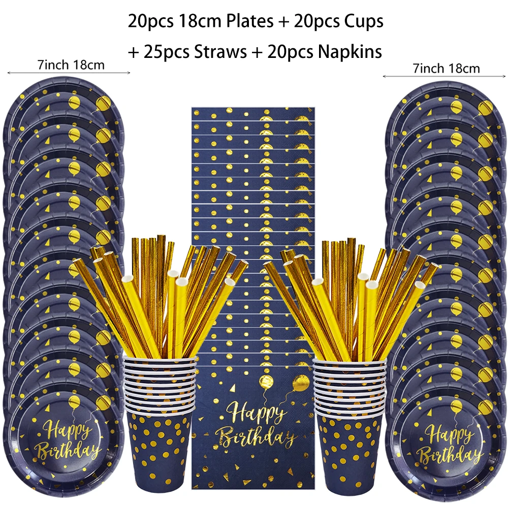 Dark Blue Gold Birthday Disposable Tableware Paper Plates Cups Napkin Tablecloth Adult Elegant Birthday Party Decoration Wedding