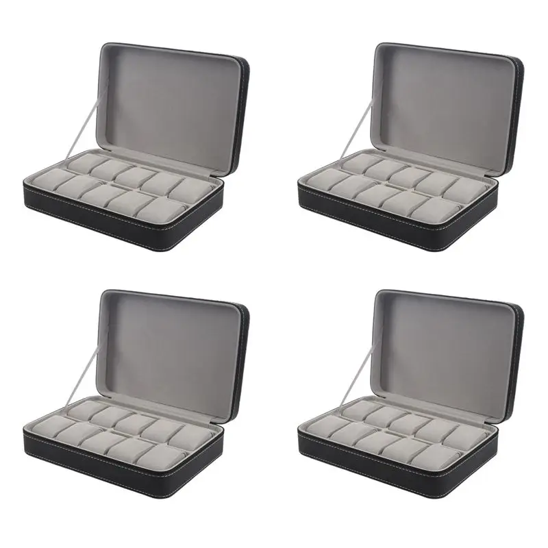 

A95D-4X Portable Watch Box Organizer PU Leather Casket With Zipper Classic Style 10 Grids Multi-Functional Bracelet Case