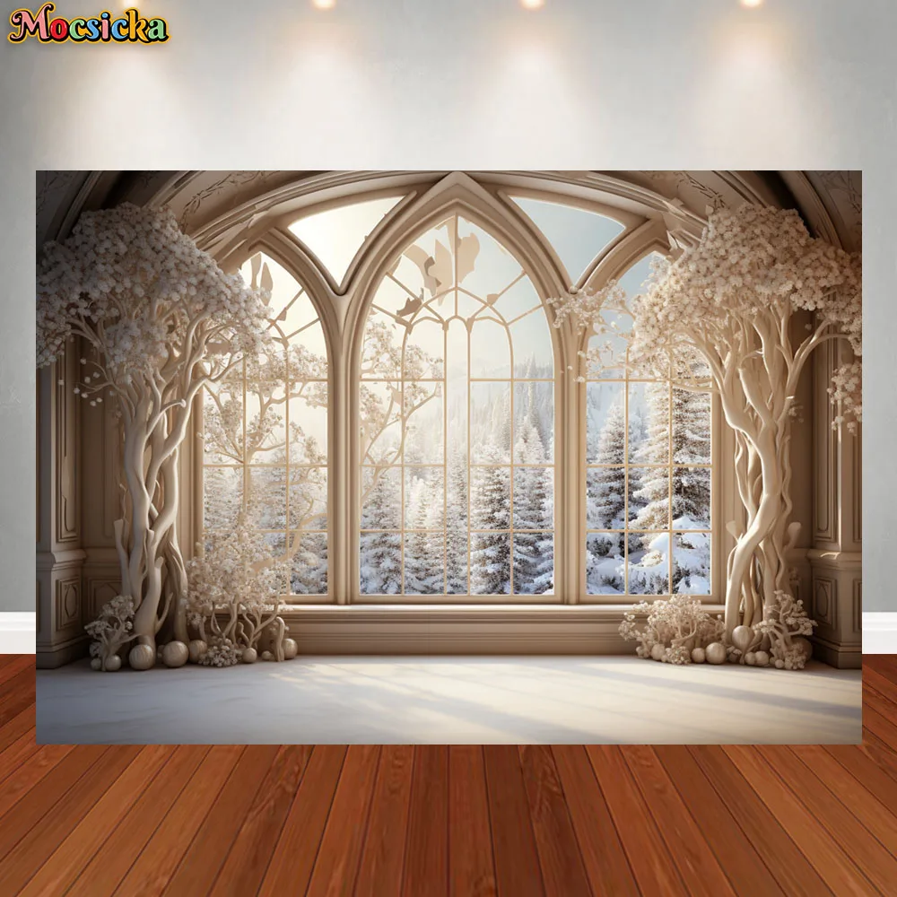 Mocsicka Window Christmas Backdrop Xmas Tree Gift Snow Forest Window View Kids Adult Birthday Portrait Photography Background