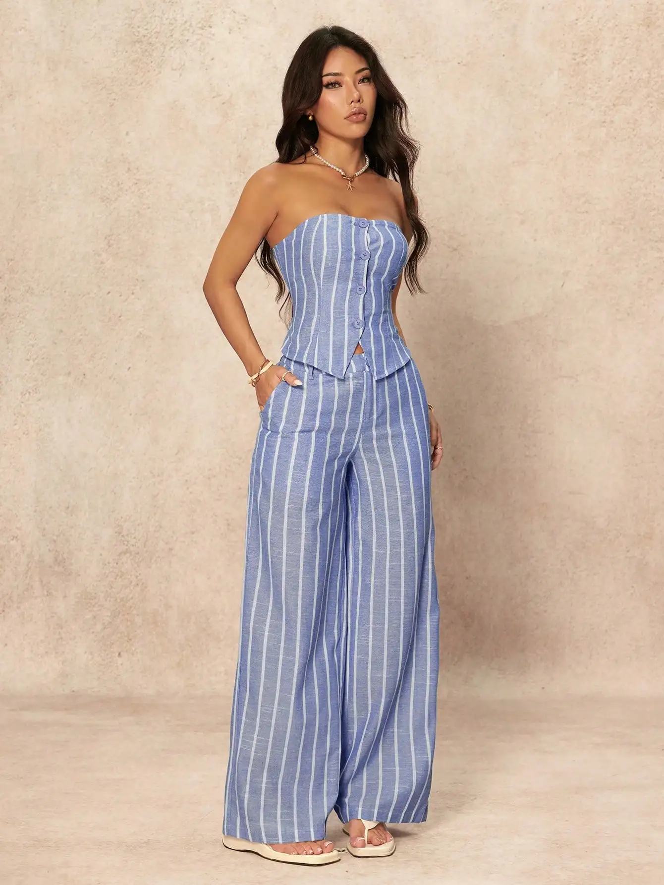 Women's 2-Piece Striped Tube Top & Wide Leg Pants Set, Summer Casual