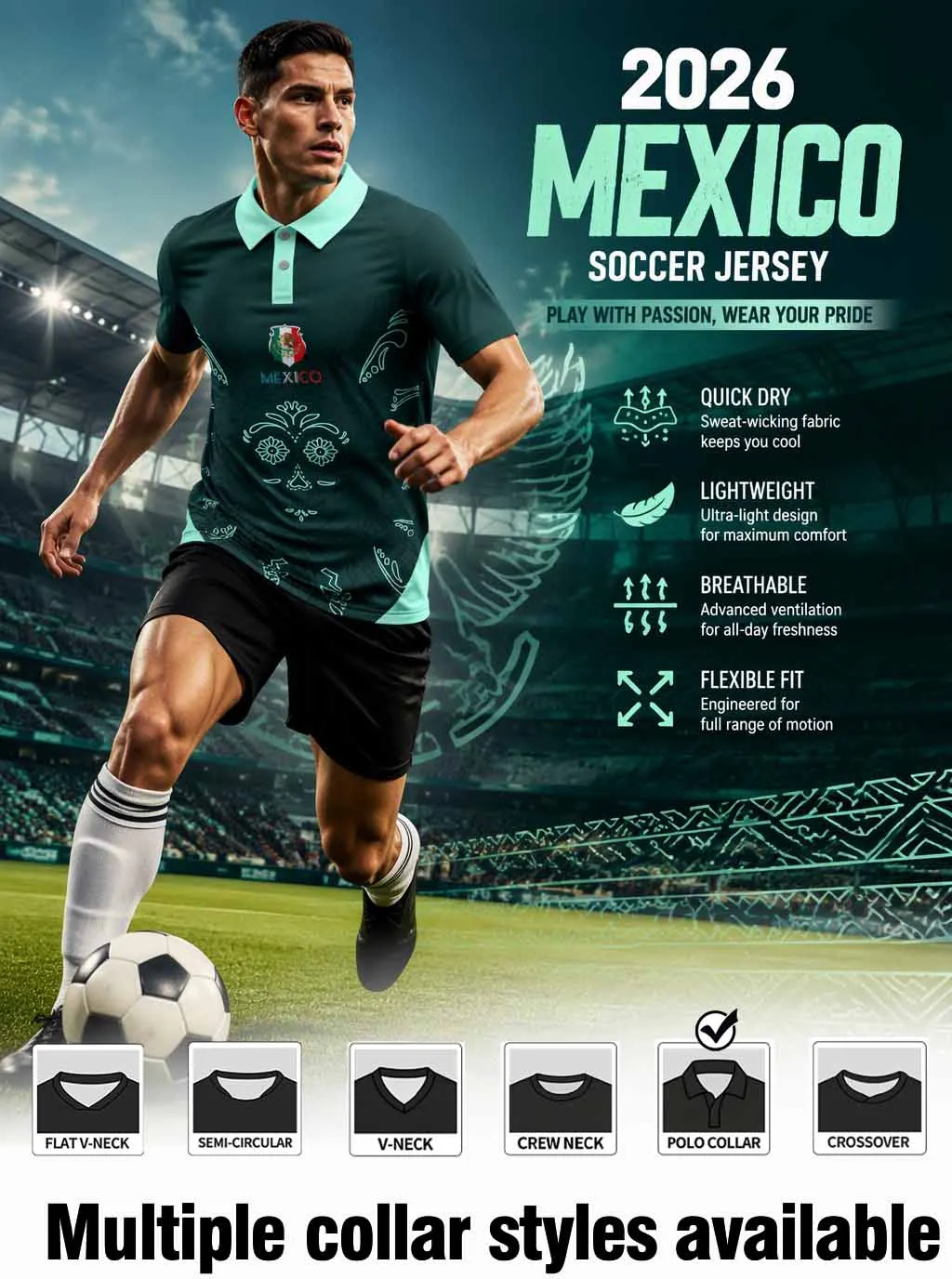 Exotic cultural‑element football polo shirt ideal for loyal Mexico football supporters