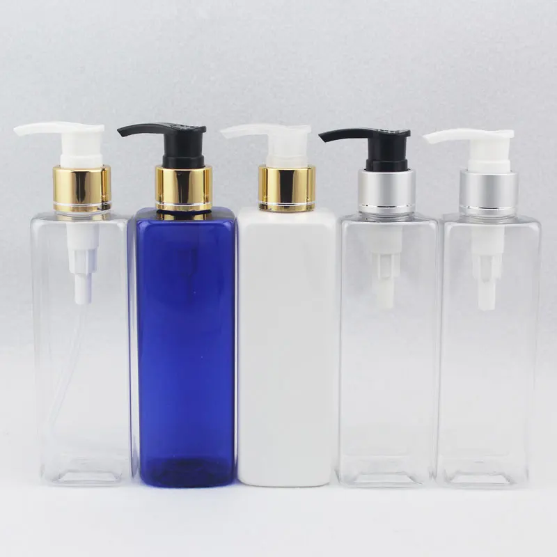 25pcs 250ml Empty Square Lotion Pump Cosmetic Bottles With Silver Gold Collar Pump For Shampoo Shower Gel