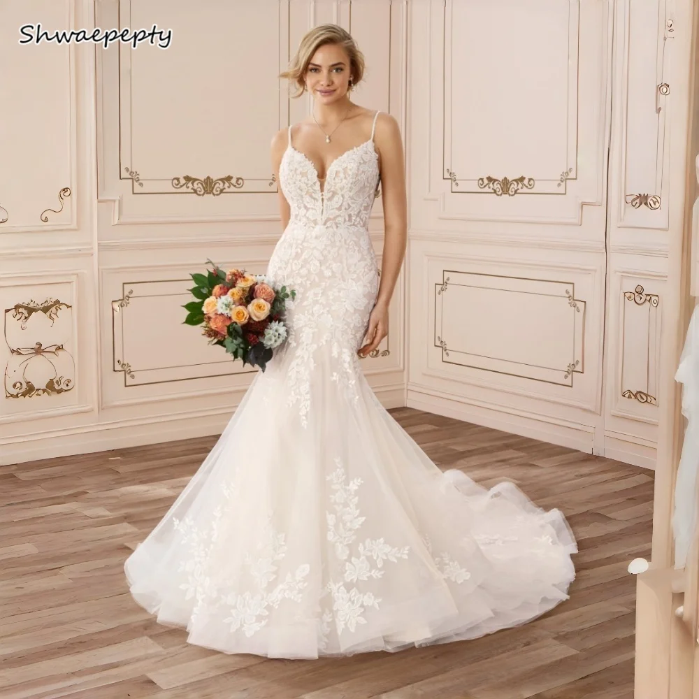 بوهو حورية البحر فساتين الزفاف السباغيتي عارية الذراعين الشاطئ زي العرائس الدانتيل يزين العاج Pastrol Vestidos De Novia مخصص #1