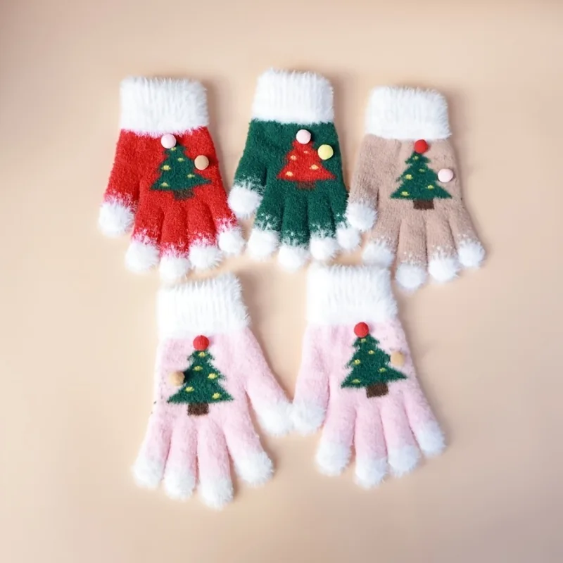 قفازات شجرة عيد الميلاد على شكل ندفة الثلج للنساء في الشتاء مع أصابع مكشوفة وشاشة تعمل باللمس وعزل قطيفة سميكة وفراء فروي #5
