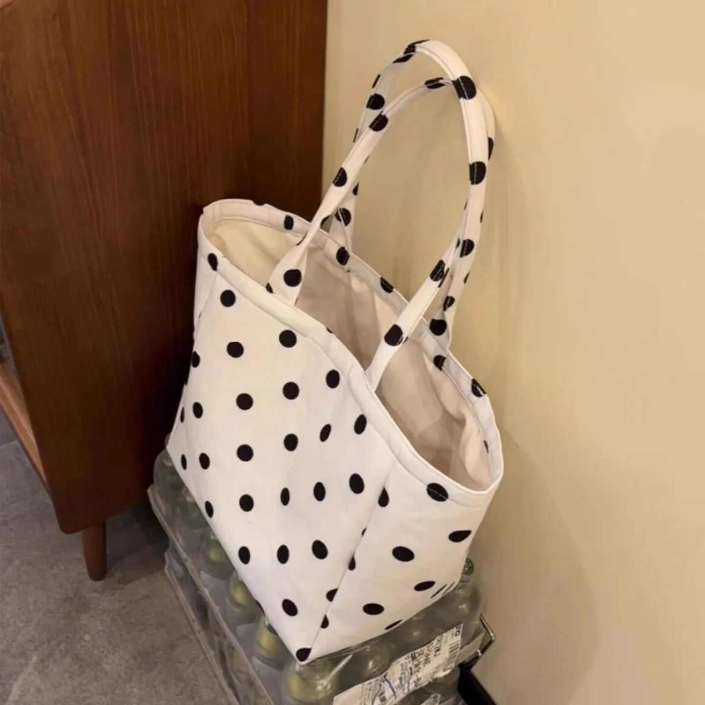 Korean bag high value polka dot canvas tote bag women's large capacity Korean shoulder bag versatile commuter handbag
