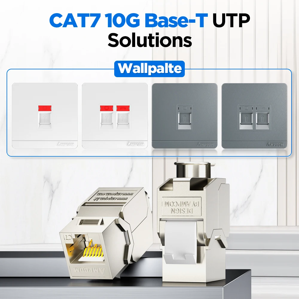 AMPCOM (UL Listed) Настенная передняя панель с CAT7 10 Гбит/с STP Keystone Jack, RJ45 самоблокирующийся модуль из цинкового сплава с 86 мм настенной