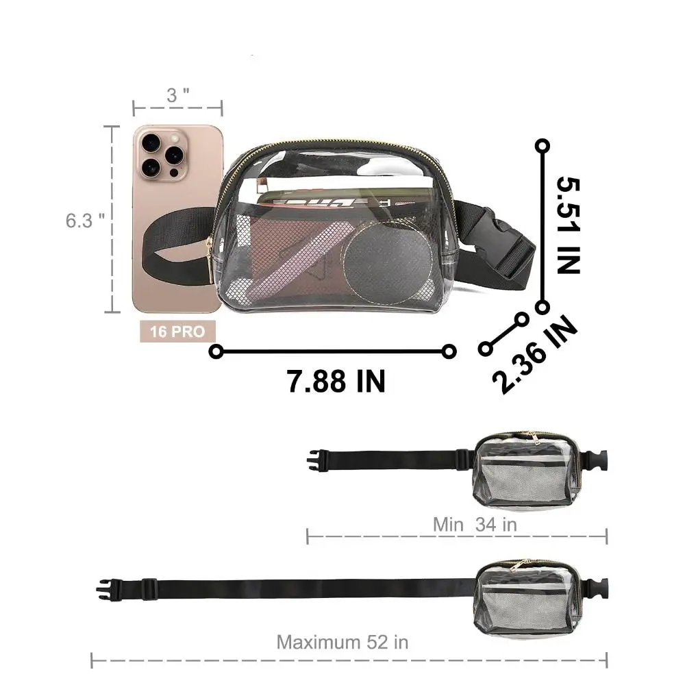 حقيبة خصر شفافة مقاومة للماء من مادة PVC خفيفة الوزن مع محفظة كروس ملعب بحزام قابل للتعديل