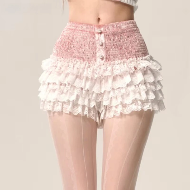 Women Sweet Lolita Lace Shorts Ruffles Elastic Waist Multilayer Kawaii Y2K Summer Bottoming Shorts