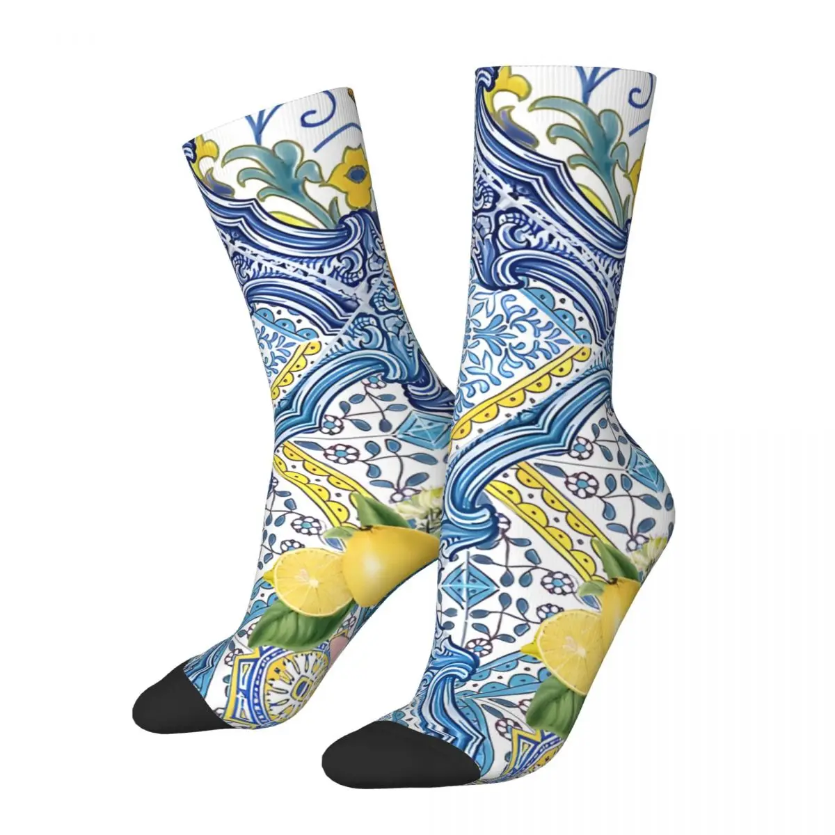 Crazy compression Mediterranean Blue Tiles Italian Citrus FruitOranges And Lemons Sock for Men Harajuku Quality Pattern CrewSock