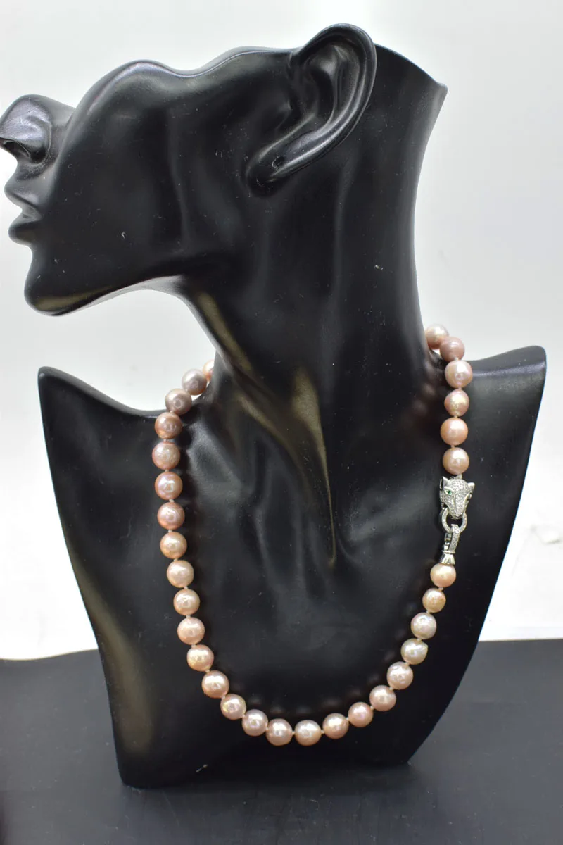 Hand knotted necklace natural 9-10mm pink freshwater pearl sweater chain micro inlaid zircon leopard head 18inch