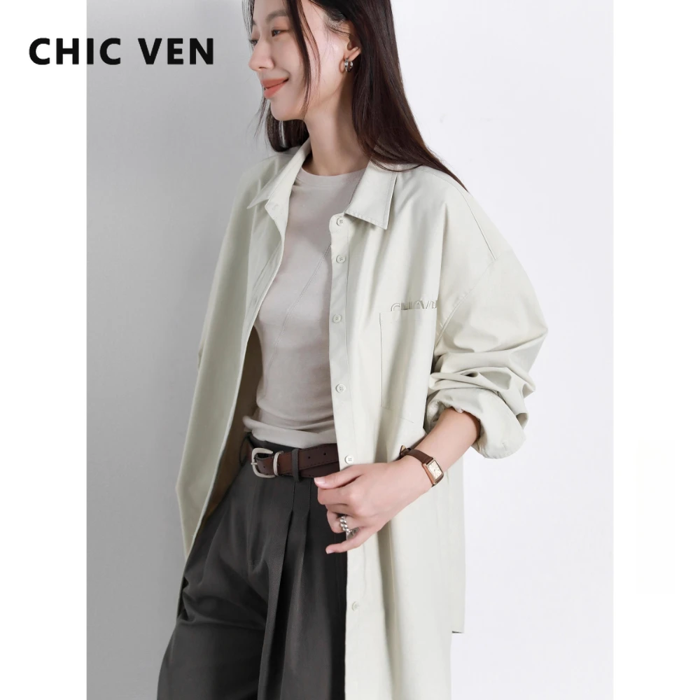 

Женские рубашки CHIC VEN, однотонные свободные повседневные базовые женские блузки с длинными рукавами и вышивкой, пальто средней длины, весна-осень 2025