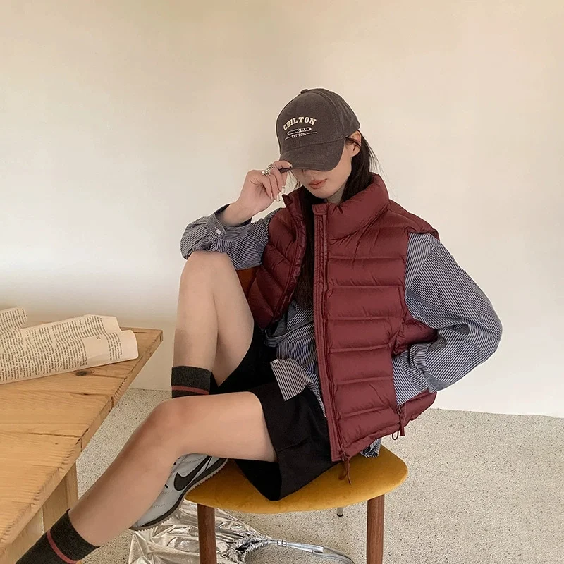 New Autumn Winter Down Cotton Women's Vest Korean Loose Girl's Versatile Stand Collar Vest Coat Leisure Time Outdoors Black